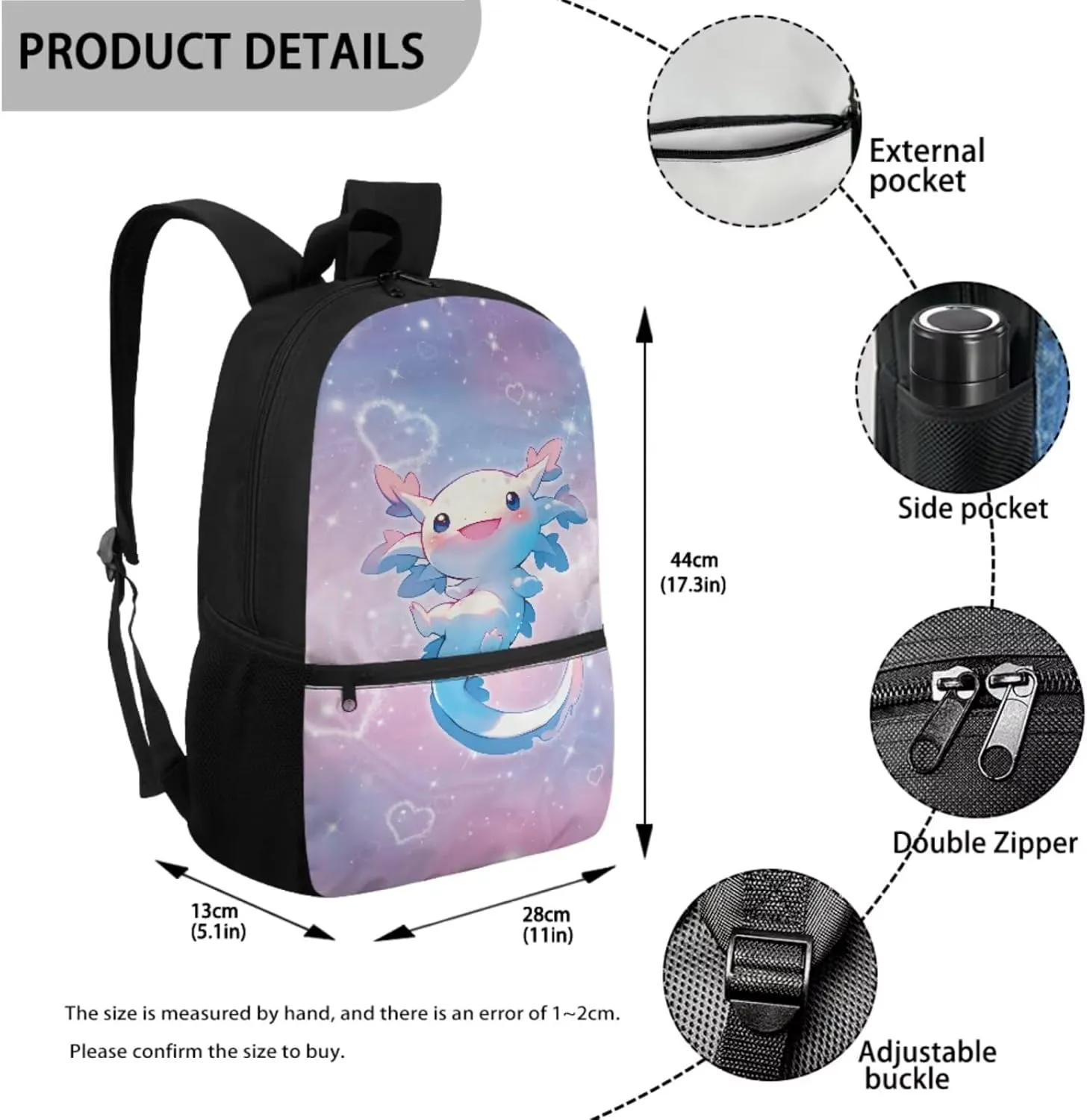 Talayituse Axolotl Heart Star Print School Bag Bookbag for Primary Junior School Student 3 PCS Backpack Set with Lunch Box Pencil Case for Teens Girls Kids