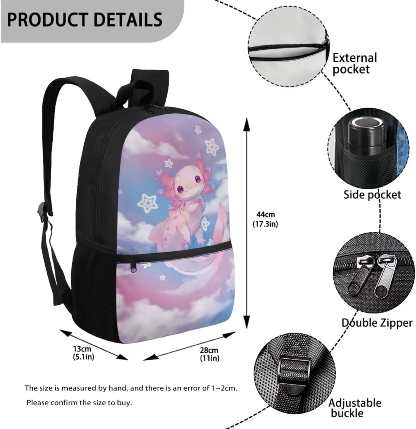 Talayituse Axolotl Star Cloud Print School Bag Backpack Elementary School Bookbag for Teens Girls with Lunch Box Pencil Case 3 In 1 Set Middle High Schoolbag Book Back Packs for Kids Back to School