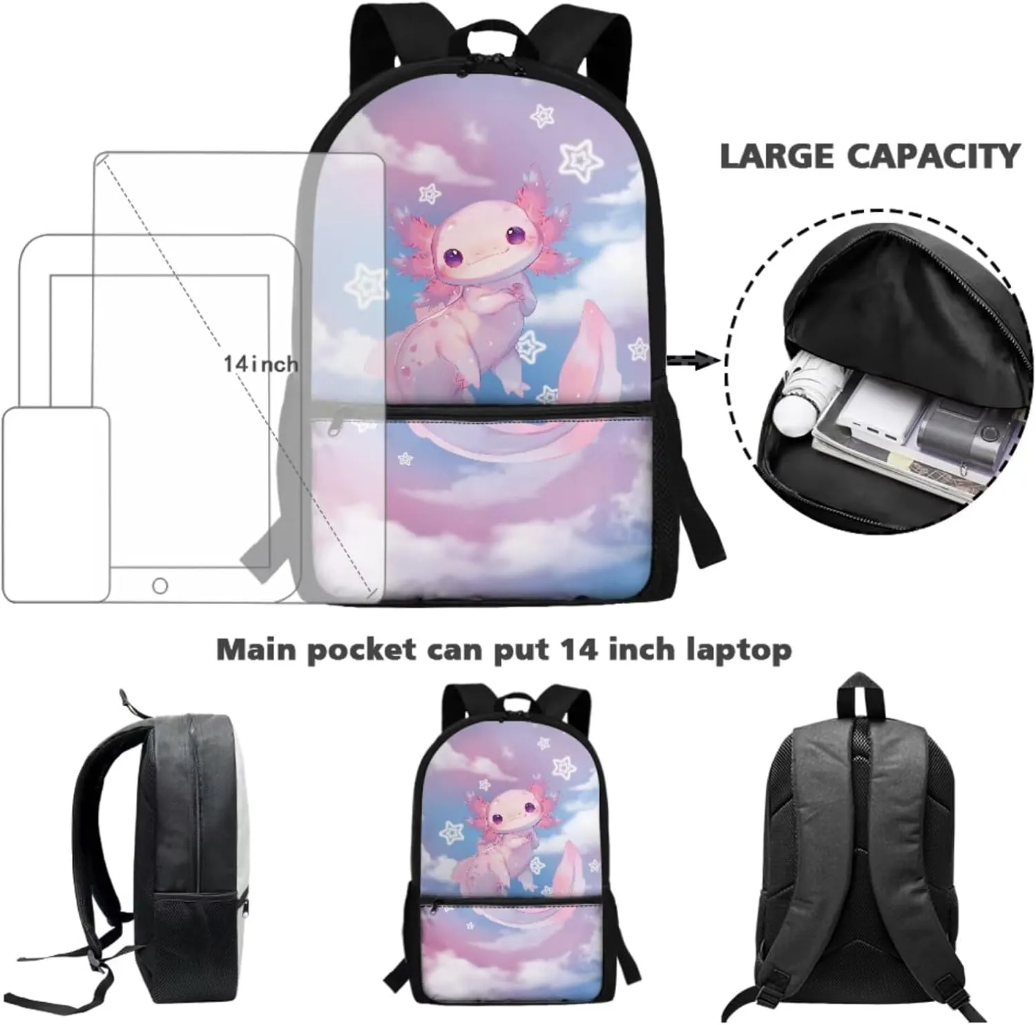 Talayituse Axolotl Star Cloud Print School Bag Backpack Elementary School Bookbag for Teens Girls with Lunch Box Pencil Case 3 In 1 Set Middle High Schoolbag Book Back Packs for Kids Back to School