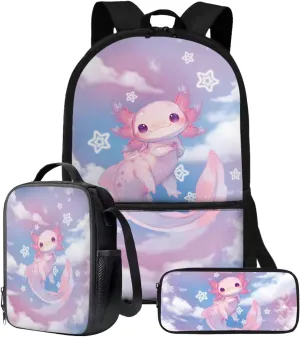 Talayituse Axolotl Star Cloud Print School Bag Backpack Elementary School Bookbag for Teens Girls with Lunch Box Pencil Case 3 In 1 Set Middle High Schoolbag Book Back Packs for Kids Back to School