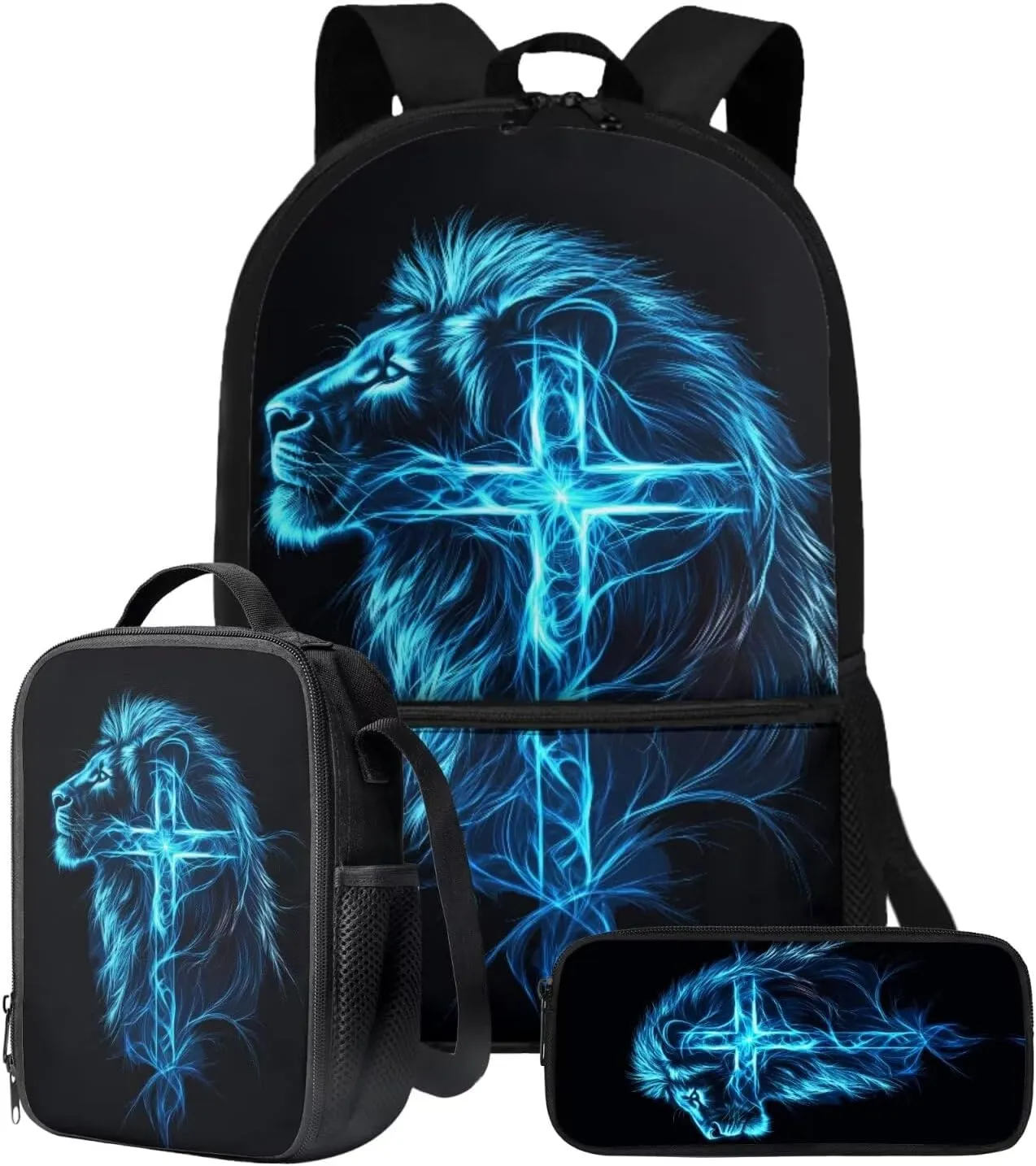 Talayituse Blue Lion Cross Lightning Print School Backpack Set of 3 for Kids Boys Teens Elementary Primary Student Book Bag with Lunch Box Pencil Case Schoolbags Back Packs Satchel for Travel Daypack