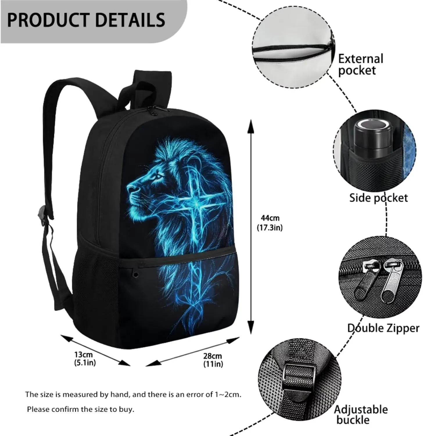 Talayituse Blue Lion Cross Lightning Print School Backpack Set of 3 for Kids Boys Teens Elementary Primary Student Book Bag with Lunch Box Pencil Case Schoolbags Back Packs Satchel for Travel Daypack