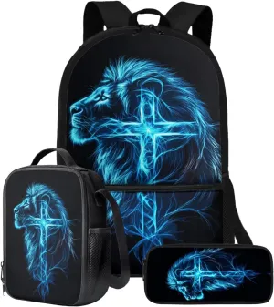 Talayituse Blue Lion Cross Lightning Print School Backpack Set of 3 for Kids Boys Teens Elementary Primary Student Book Bag with Lunch Box Pencil Case Schoolbags Back Packs Satchel for Travel Daypack