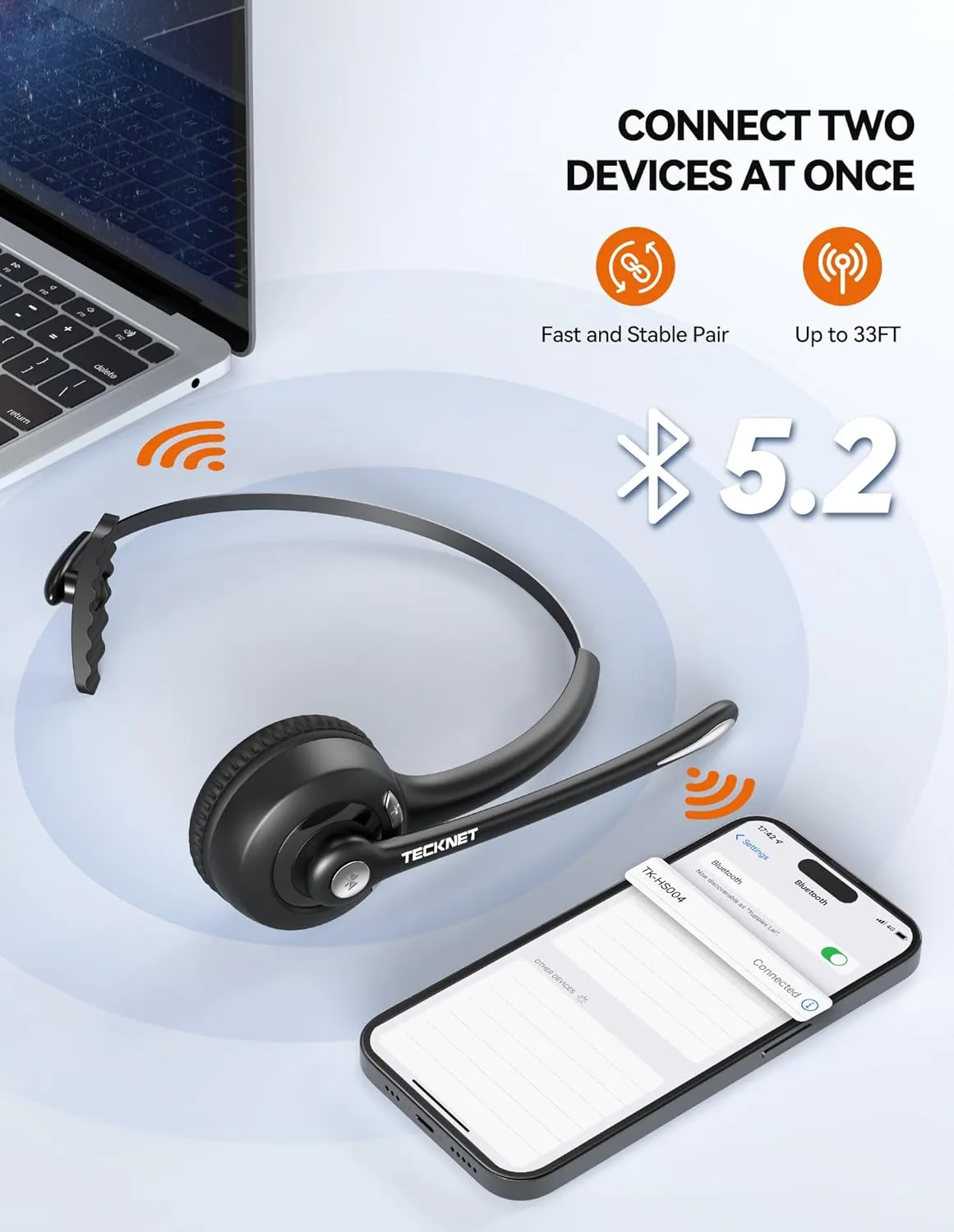 TECKNET Wireless Headset, Bluetooth Headphones with Noise Cancelling Microphone for Trucker, Hand Free Wireless Headset with Mute Mic for PC