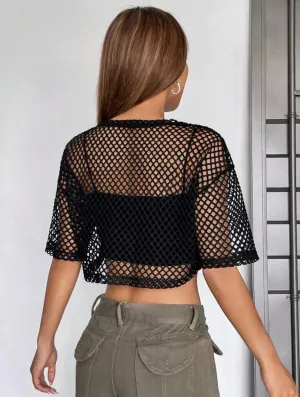 Teen Solid Black Mesh Top Without Cami Top