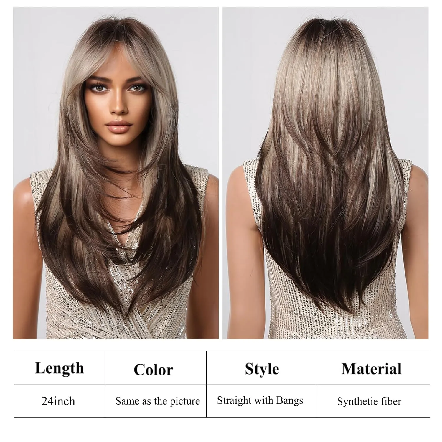testar Blonde Brown Wigs For Women 24IN Long Blonde Straight Wigs With Curtain Bangs Cosplay Colorful Wig Synthetic Layered Wigs For Daily Party Haloween/Christmas Use