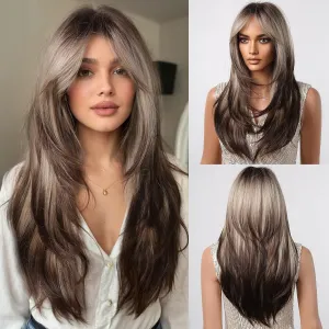testar Blonde Brown Wigs For Women 24IN Long Blonde Straight Wigs With Curtain Bangs Cosplay Colorful Wig Synthetic Layered Wigs For Daily Party Haloween/Christmas Use