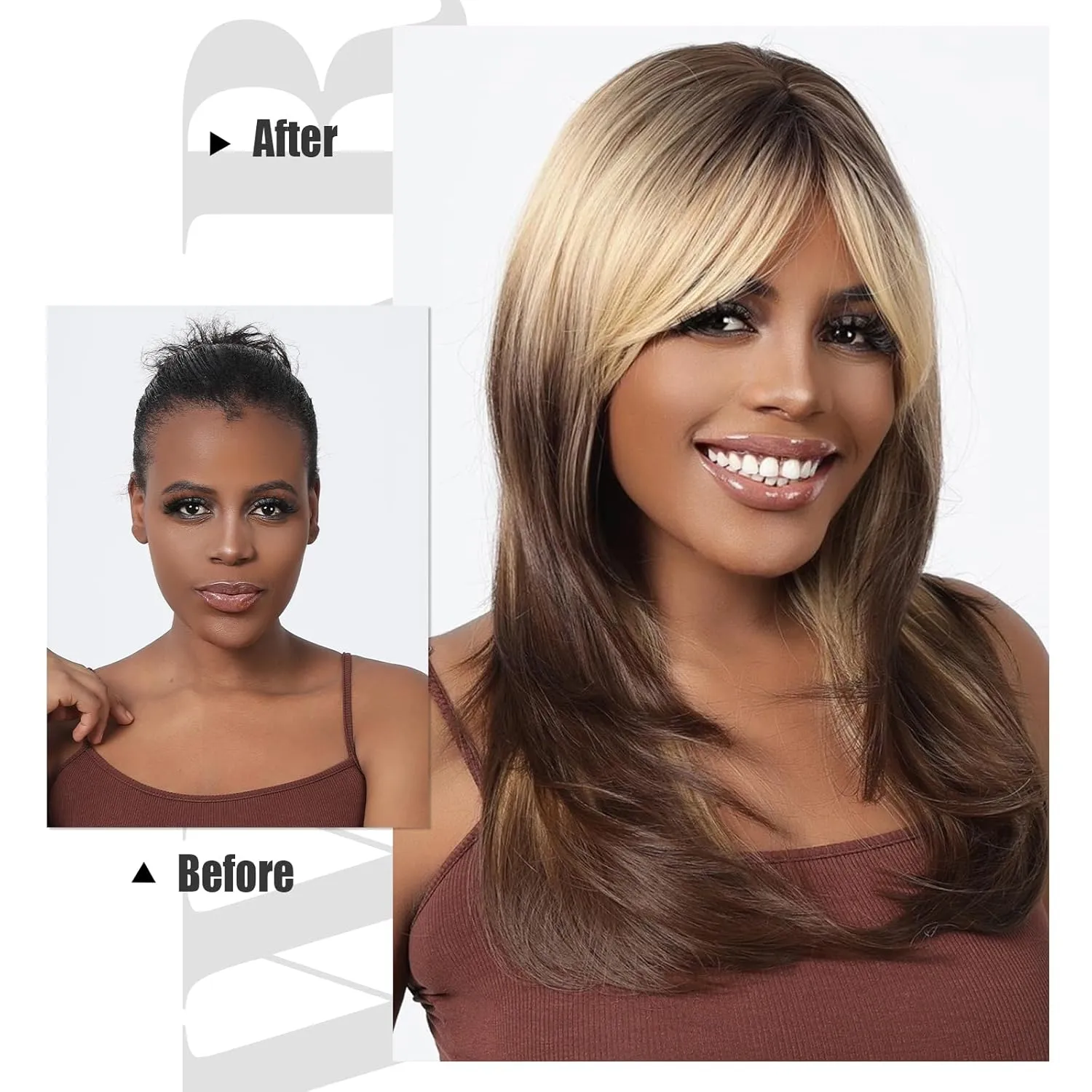 testar Blonde Brown Wigs For Women 24IN Long Blonde Straight Wigs With Curtain Bangs Cosplay Colorful Wig Synthetic Layered Wigs For Daily Party Haloween/Christmas Use