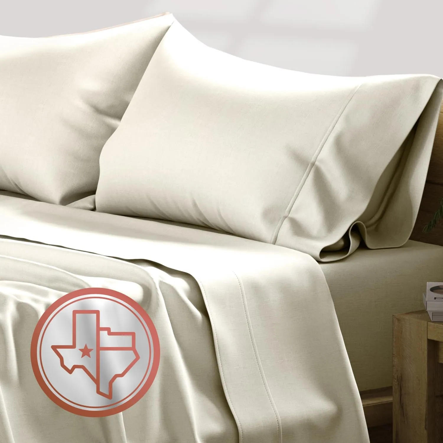 TEXAS LINEN CO. 100% Egyptian Cotton Sheets, 600 Thread Count 4 PC Queen Size Sheet Set, Soft, Cooling, High Thread Count Sateen, Extra Long Staple Luxury Bedding, 16 in Deep Pocket - Ivory