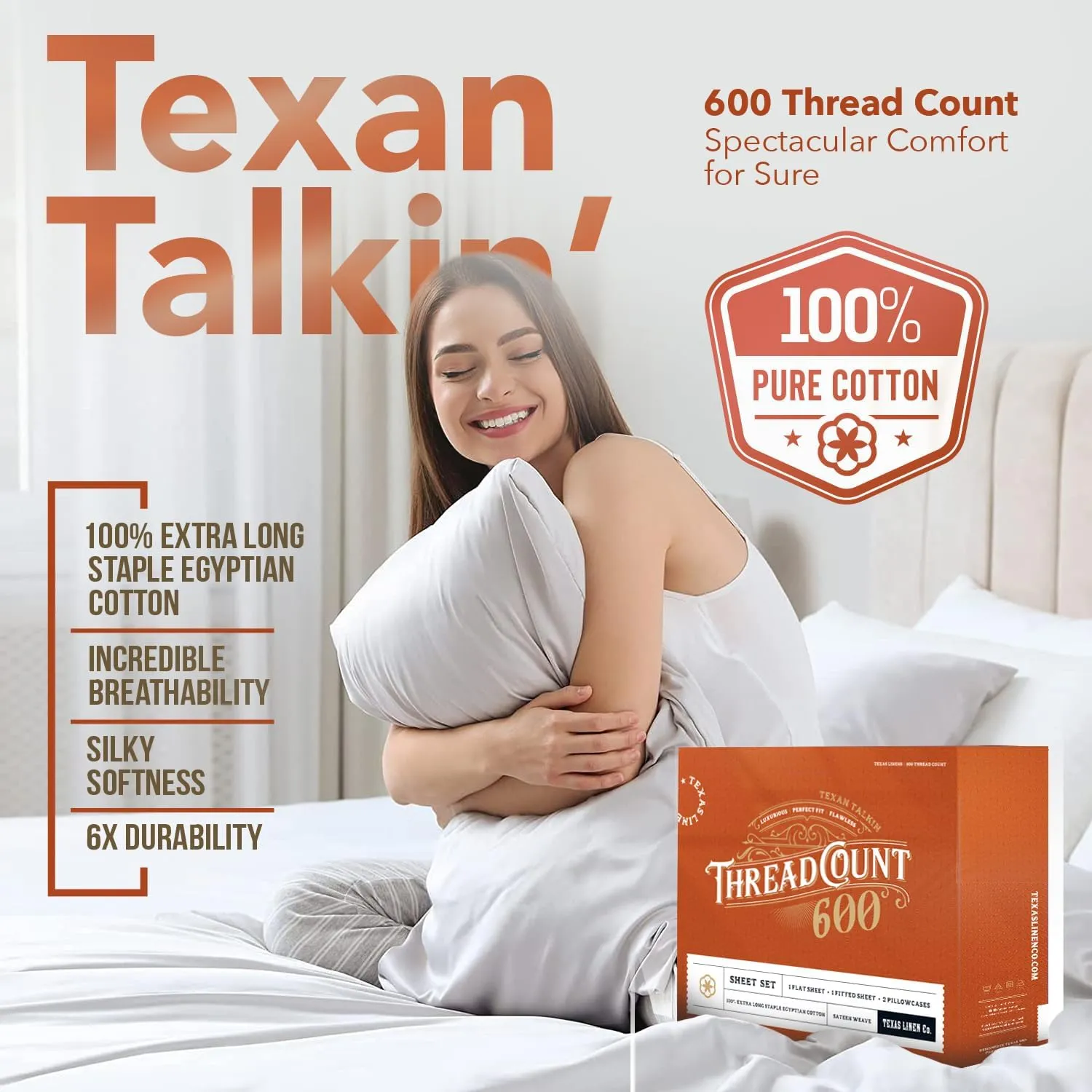 TEXAS LINEN CO. 100% Egyptian Cotton Sheets, 600 Thread Count 4 PC Queen Size Sheet Set, Soft, Cooling, High Thread Count Sateen, Extra Long Staple Luxury Bedding, 16 in Deep Pocket - Ivory