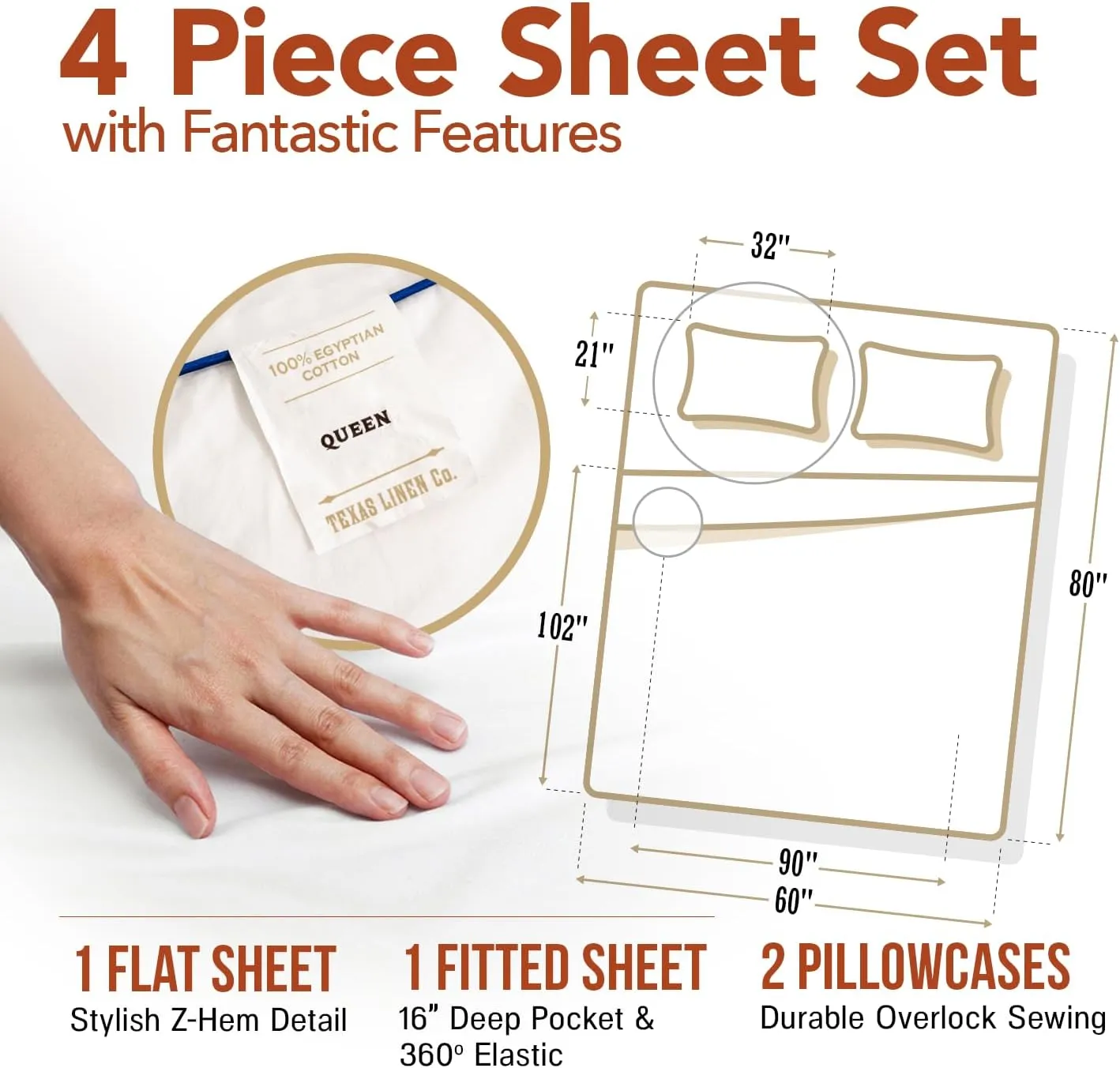 TEXAS LINEN CO. 100% Egyptian Cotton Sheets, 600 Thread Count 4 PC Queen Size Sheet Set, Soft, Cooling, High Thread Count Sateen, Extra Long Staple Luxury Bedding, 16 in Deep Pocket - Ivory