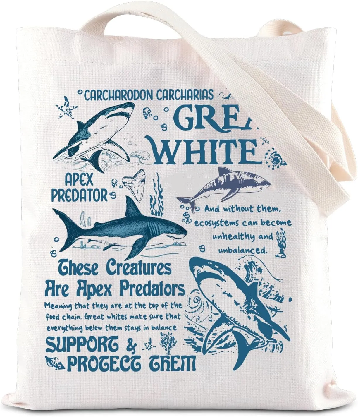 TGBJE White Shark Tote Bag Ocean Animal Lover Gift White Sharks Biology Shoulder Shopping Bag Marine Biology Gift