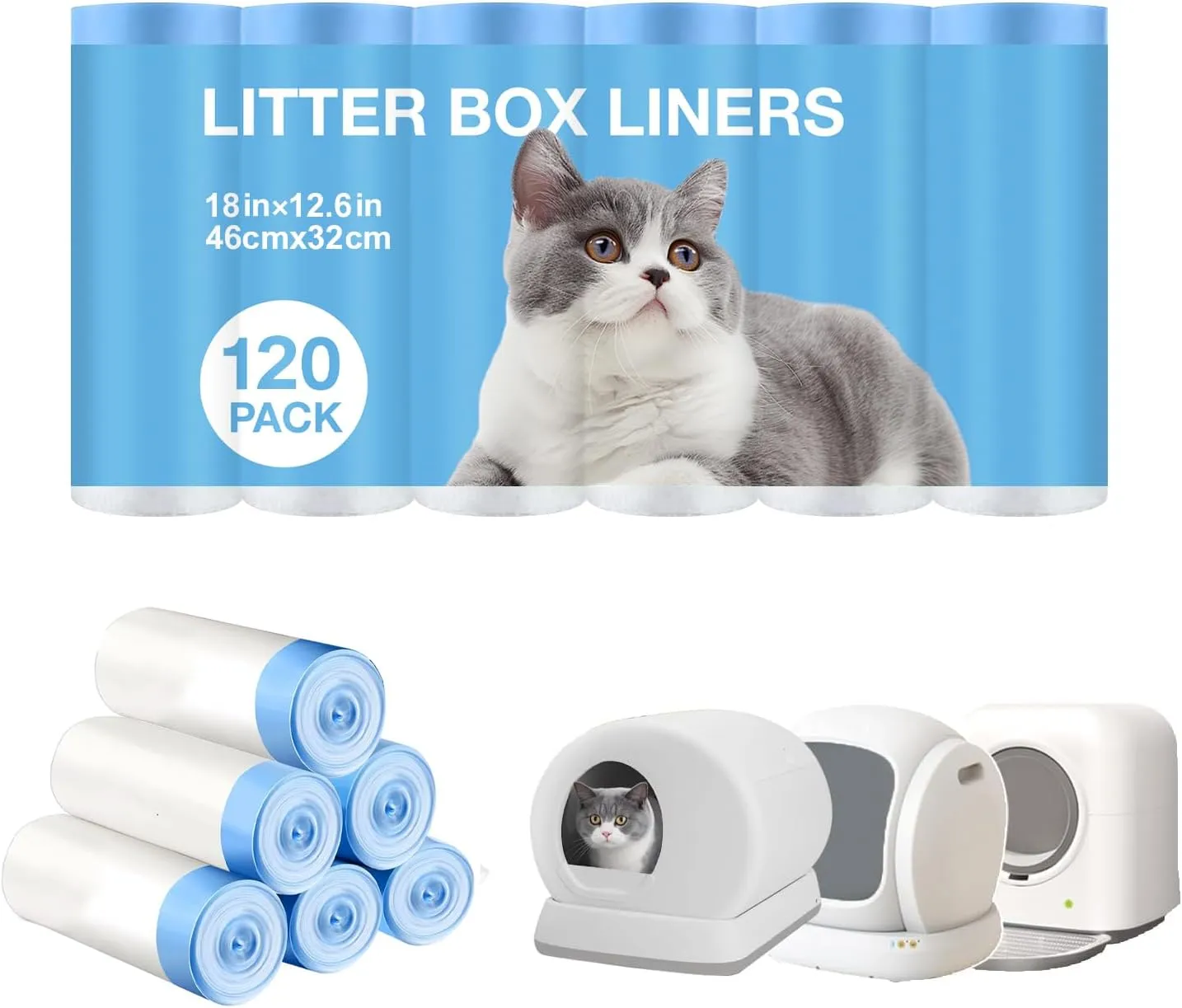 Thicken Cat Litter Bags 120 Pack, cat litter box liners, Leakproof Poop Bags & Waste Bags - Ultimate Odor Control and Leakproof Design,6 Rolls Drawstring Trash Bags for Automatic Litte(18x12.6 inches）