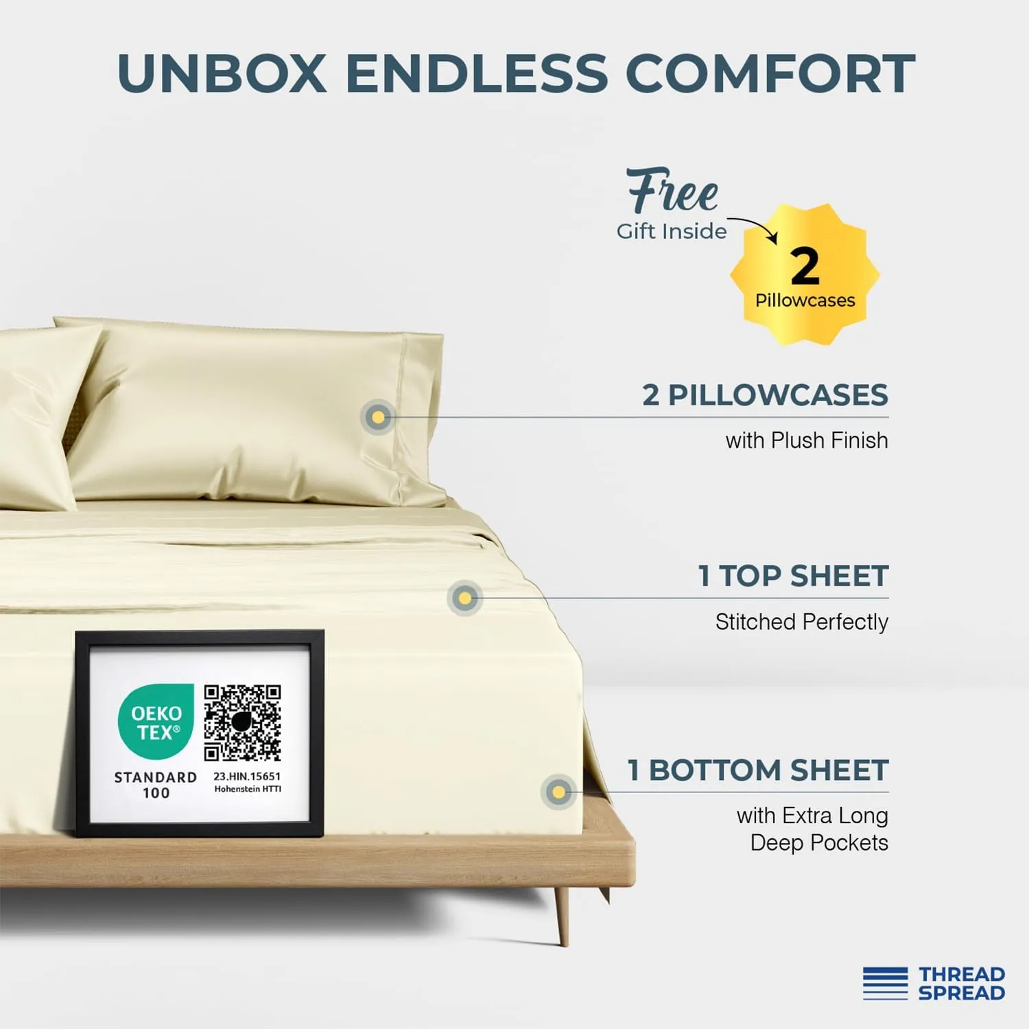 THREAD SPREAD 100% Egyptian Cotton King Size Sheets Set - Luxury 1500 Thread Count Egyptian Cotton Sheets King Size, 17" Deep Pocket, Soft, Cooling Sateen Weave Hotel Quality Bedding Set - Ivory