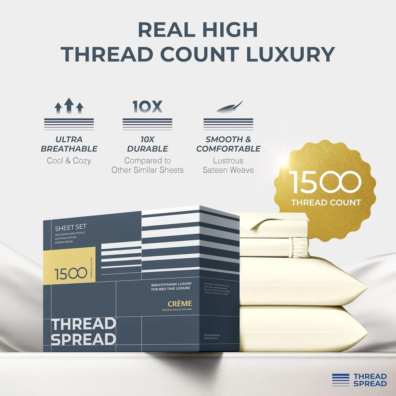 THREAD SPREAD 100% Egyptian Cotton King Size Sheets Set - Luxury 1500 Thread Count Egyptian Cotton Sheets King Size, 17" Deep Pocket, Soft, Cooling Sateen Weave Hotel Quality Bedding Set - Ivory