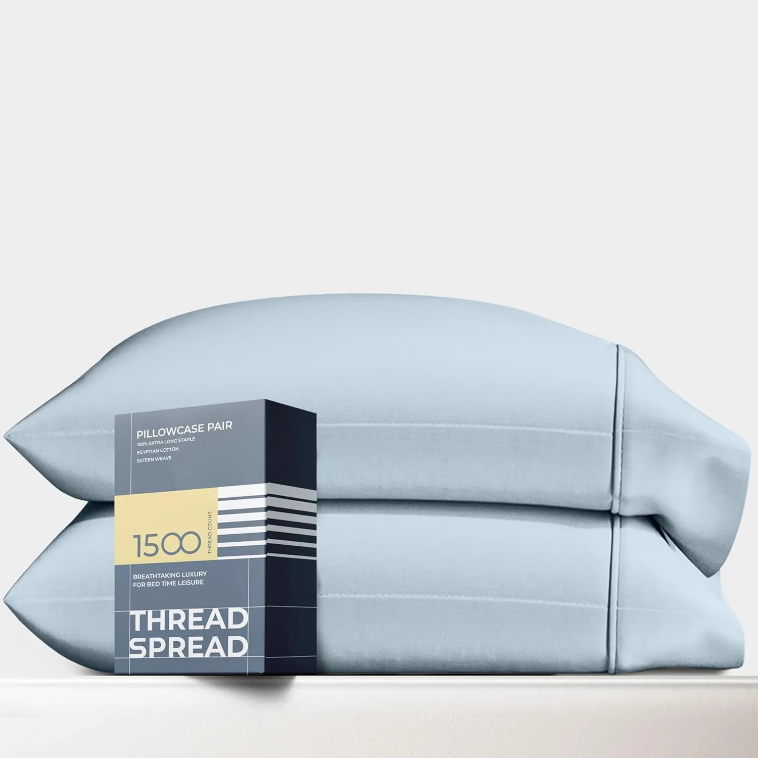 Thread Spread 100% Egyptian Cotton Pillow Cases King Size Set of 2 - Luxury 1500 Thread Count Sateen Light Blue Pillow Covers, Soft & Breathable Extra Long Staple Pillowcases, Fits King Size Pillows