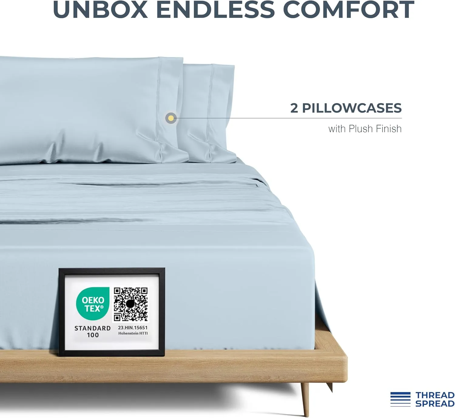 Thread Spread 100% Egyptian Cotton Pillow Cases King Size Set of 2 - Luxury 1500 Thread Count Sateen Light Blue Pillow Covers, Soft & Breathable Extra Long Staple Pillowcases, Fits King Size Pillows