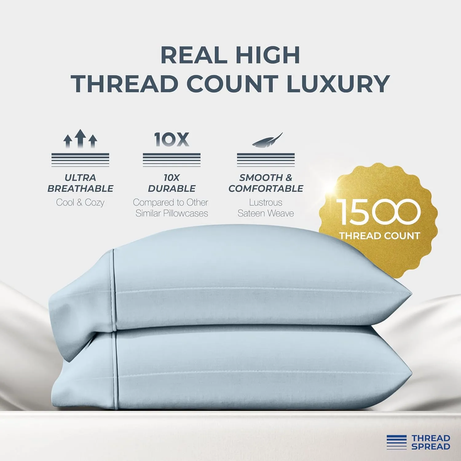 Thread Spread 100% Egyptian Cotton Pillow Cases King Size Set of 2 - Luxury 1500 Thread Count Sateen Light Blue Pillow Covers, Soft & Breathable Extra Long Staple Pillowcases, Fits King Size Pillows