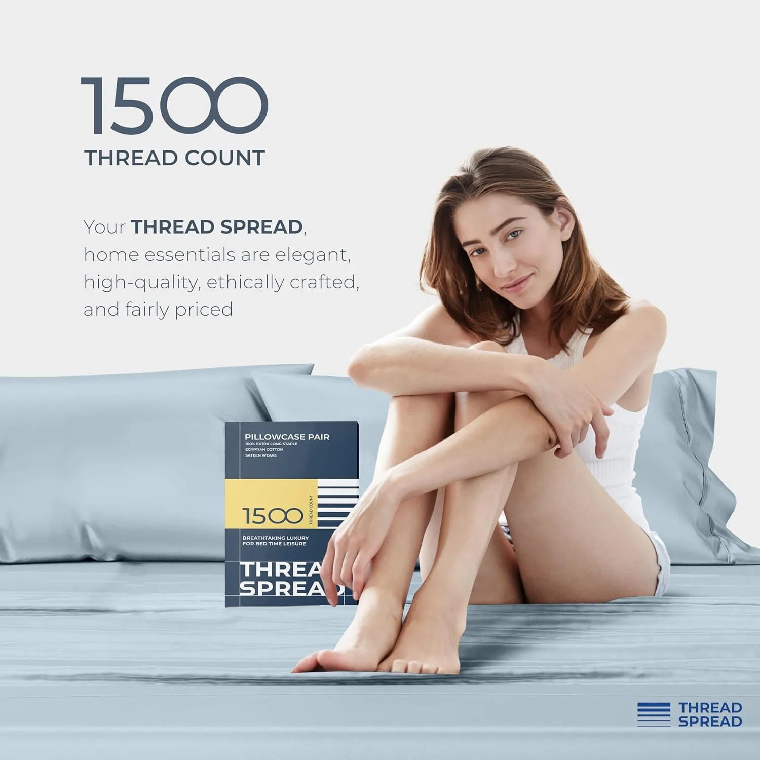 Thread Spread 100% Egyptian Cotton Pillow Cases King Size Set of 2 - Luxury 1500 Thread Count Sateen Light Blue Pillow Covers, Soft & Breathable Extra Long Staple Pillowcases, Fits King Size Pillows