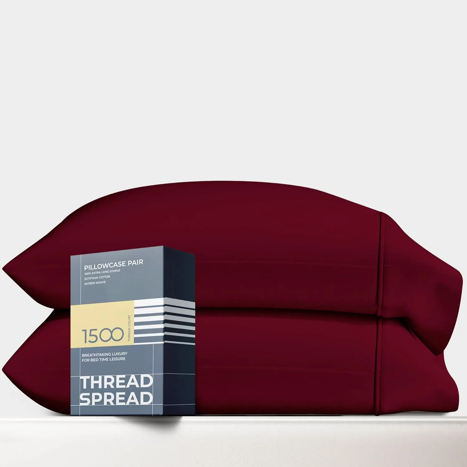 Thread Spread 100% Egyptian Cotton Pillow Cases King Size Set of 2 - Luxury 1500 Thread Count Sateen Weave Burgundy Pillow Covers, Silky Soft Extra Long Staple Pillowcases, Fits King Size Pillows