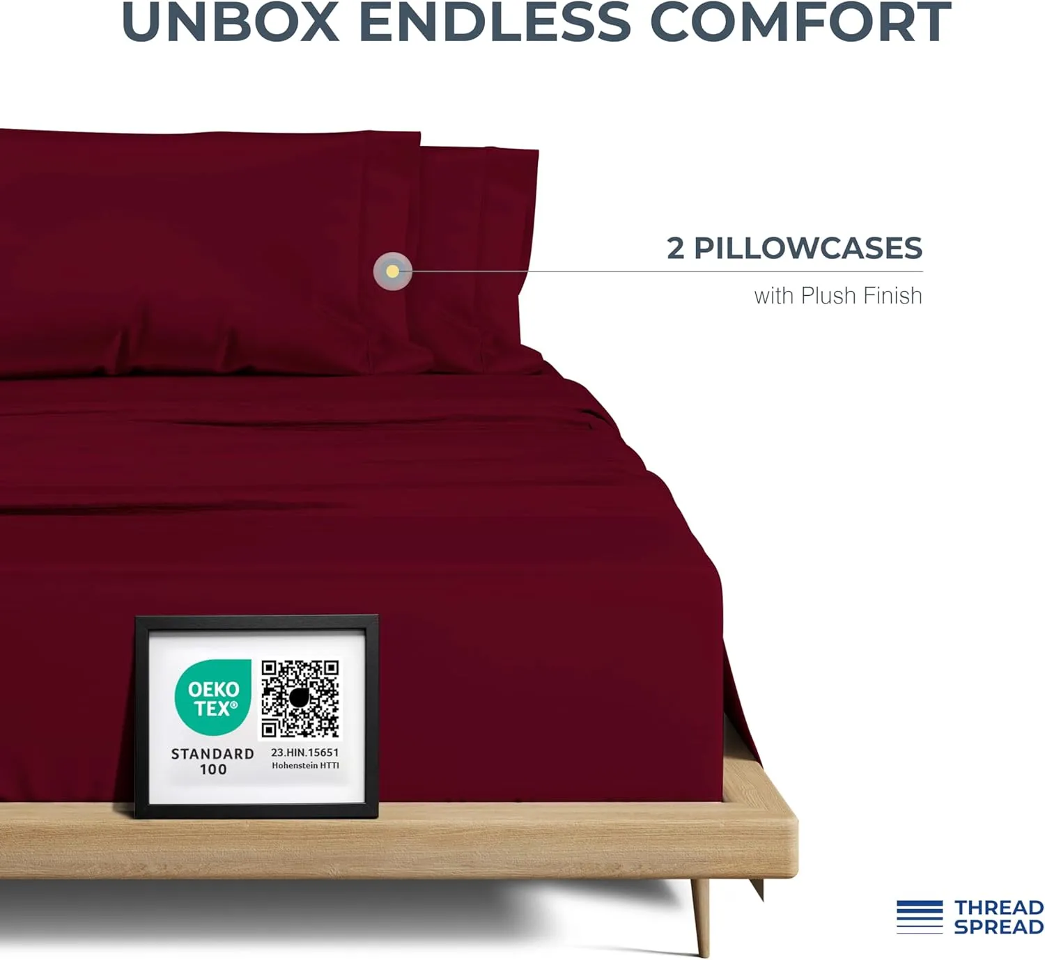 Thread Spread 100% Egyptian Cotton Pillow Cases King Size Set of 2 - Luxury 1500 Thread Count Sateen Weave Burgundy Pillow Covers, Silky Soft Extra Long Staple Pillowcases, Fits King Size Pillows