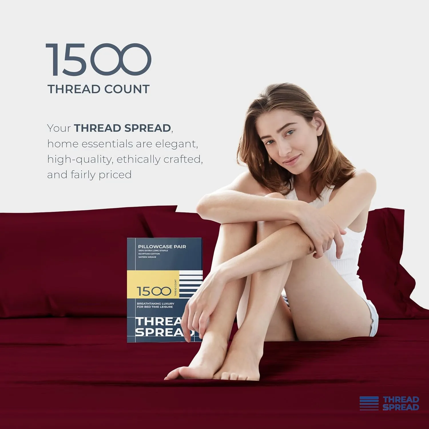 Thread Spread 100% Egyptian Cotton Pillow Cases King Size Set of 2 - Luxury 1500 Thread Count Sateen Weave Burgundy Pillow Covers, Silky Soft Extra Long Staple Pillowcases, Fits King Size Pillows