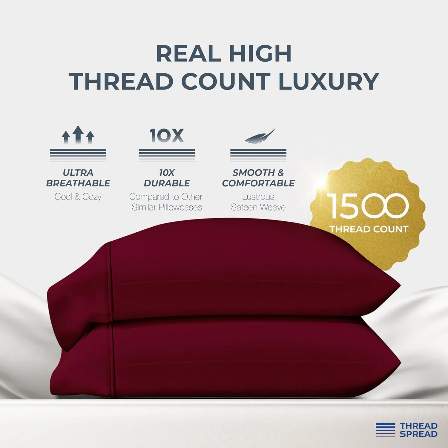 Thread Spread 100% Egyptian Cotton Pillow Cases King Size Set of 2 - Luxury 1500 Thread Count Sateen Weave Burgundy Pillow Covers, Silky Soft Extra Long Staple Pillowcases, Fits King Size Pillows