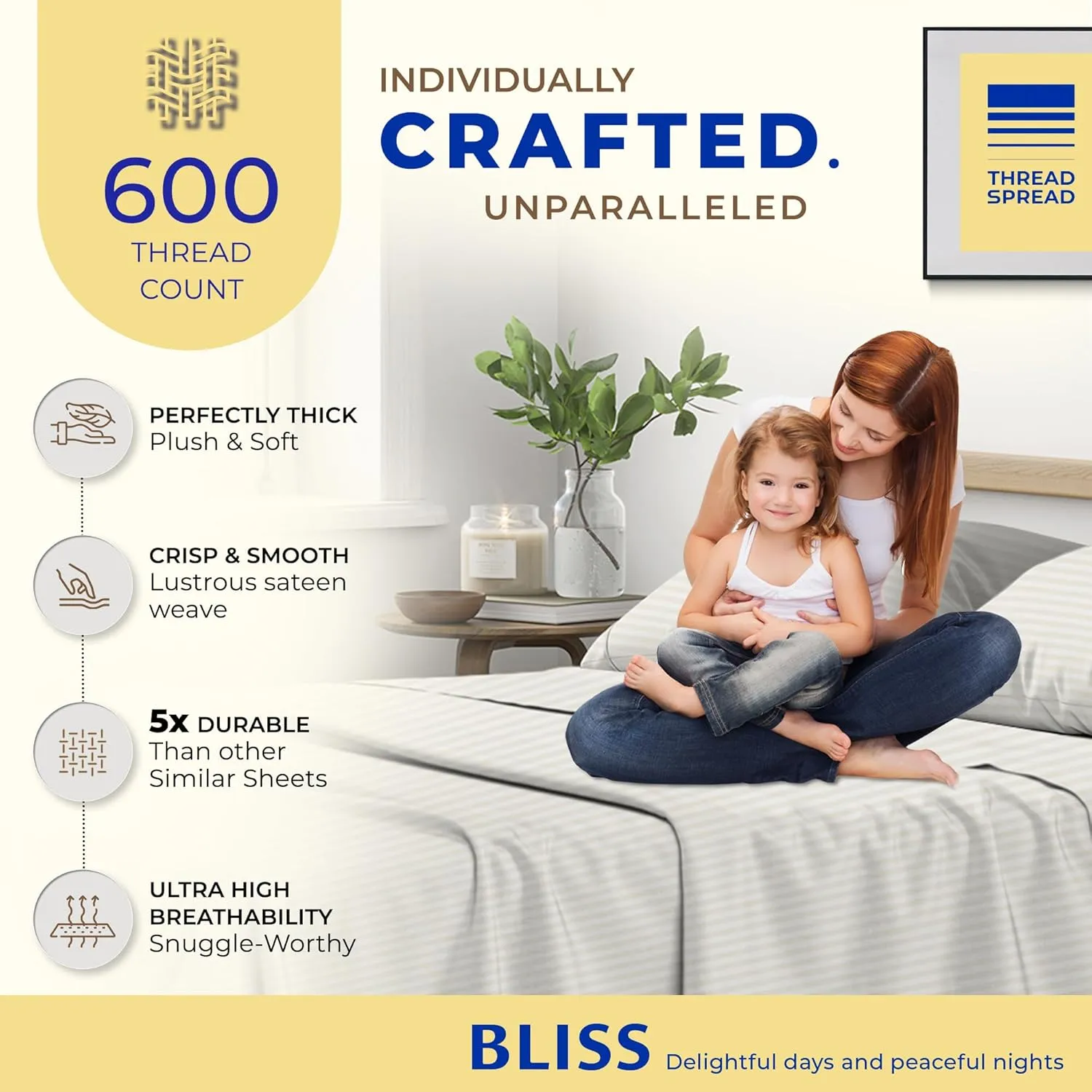 THREAD SPREAD Luxury Egyptian Cotton King Stripe Sheet Set, 600 Thread Count Extra Long Staple 4 PC Set, King Damask Sheets, Soft, Cooling Sateen Weave Striped Sheets Upto 18" Deep Pocket - Ivory