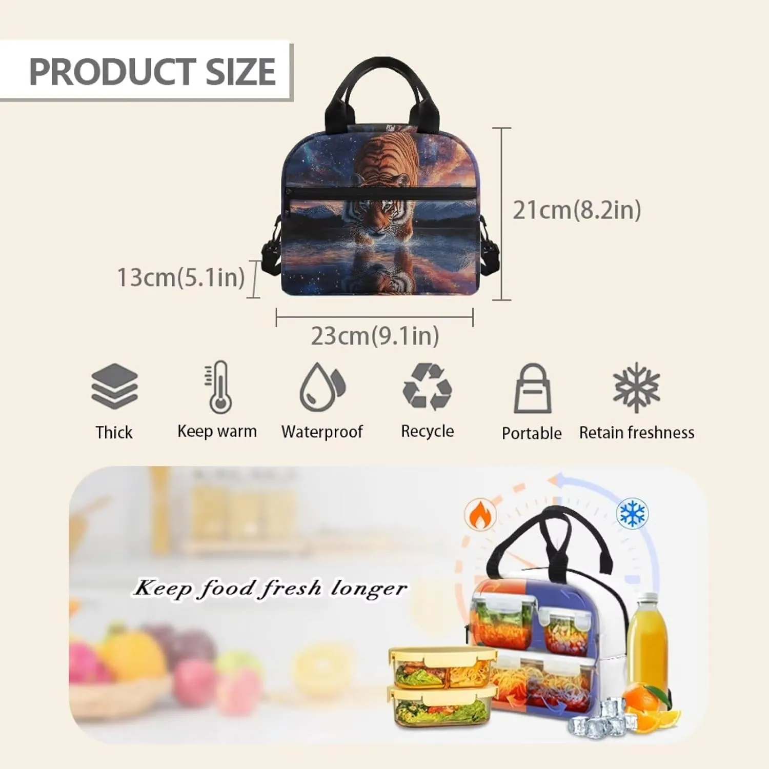 Tiger Lunch Bags for Teens Lightweight School Lunchbag with Top Handle Cool Animal Lunchbox Pouch for Boys Crossbody Bag Style Lunch Bag Insulated