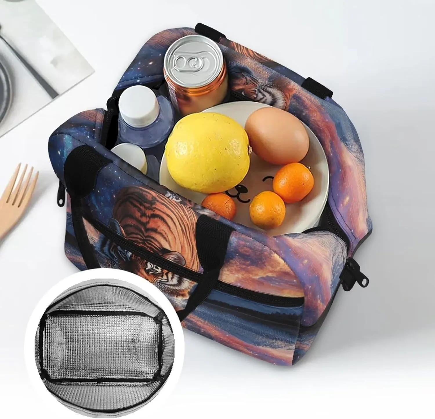 Tiger Lunch Bags for Teens Lightweight School Lunchbag with Top Handle Cool Animal Lunchbox Pouch for Boys Crossbody Bag Style Lunch Bag Insulated