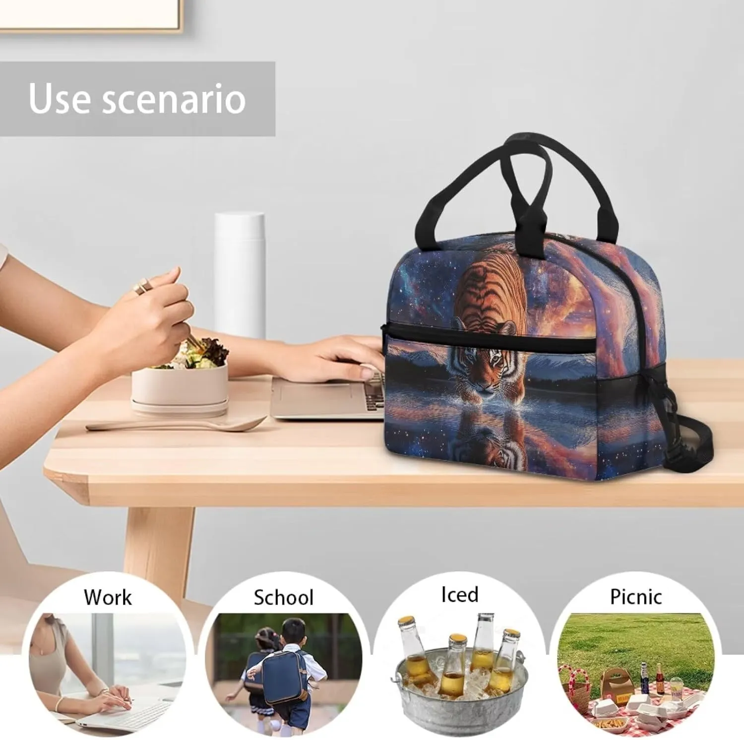 Tiger Lunch Bags for Teens Lightweight School Lunchbag with Top Handle Cool Animal Lunchbox Pouch for Boys Crossbody Bag Style Lunch Bag Insulated