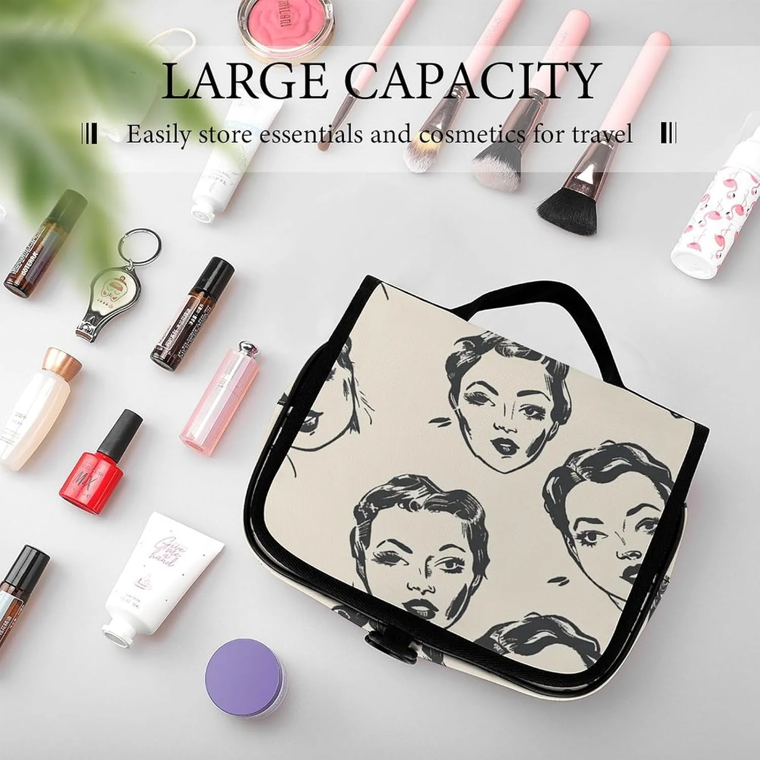 Toiletry Bag for Women Travel Cosmetic Bag Cartoon Female Face Large Makeup Bag Hanging Cosmetic Organizer for Toiletries Accessories 3 In 1 Container
