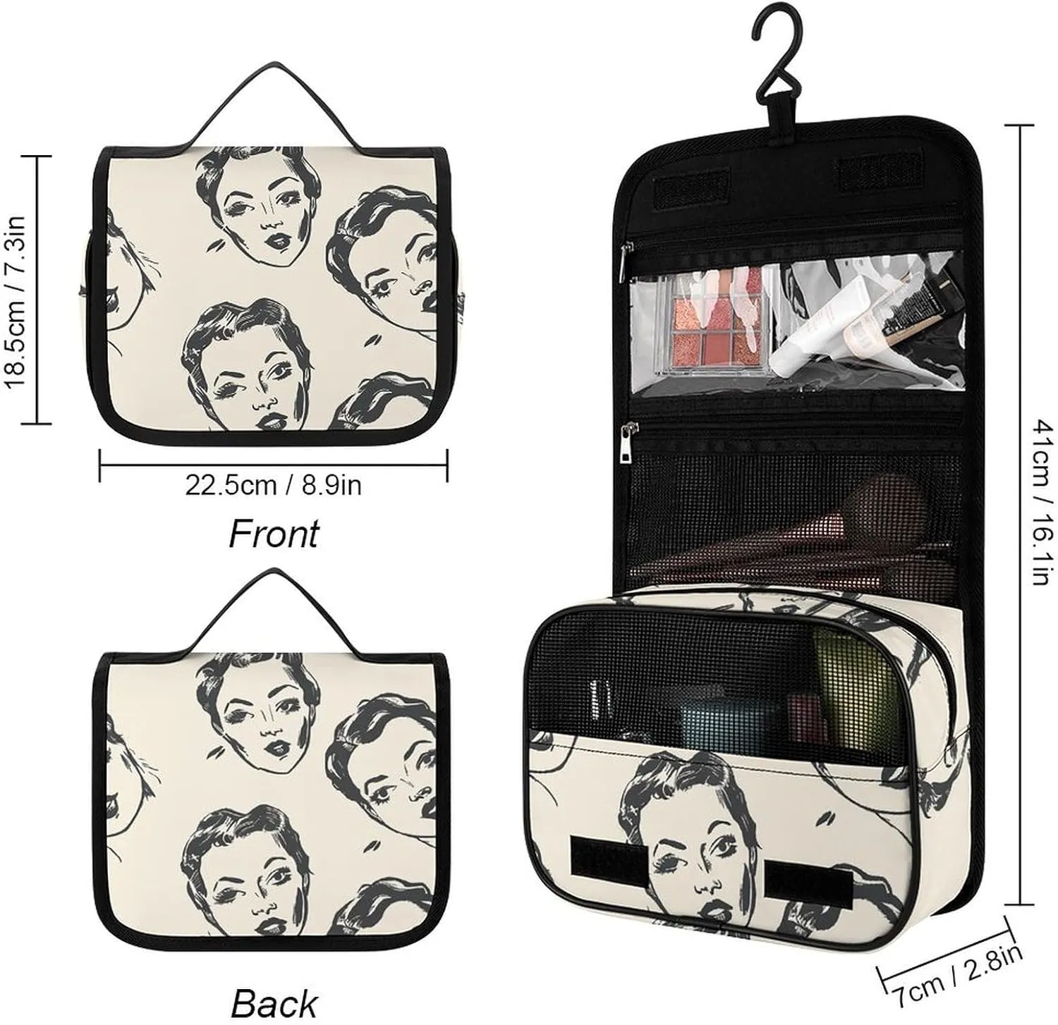 Toiletry Bag for Women Travel Cosmetic Bag Cartoon Female Face Large Makeup Bag Hanging Cosmetic Organizer for Toiletries Accessories 3 In 1 Container