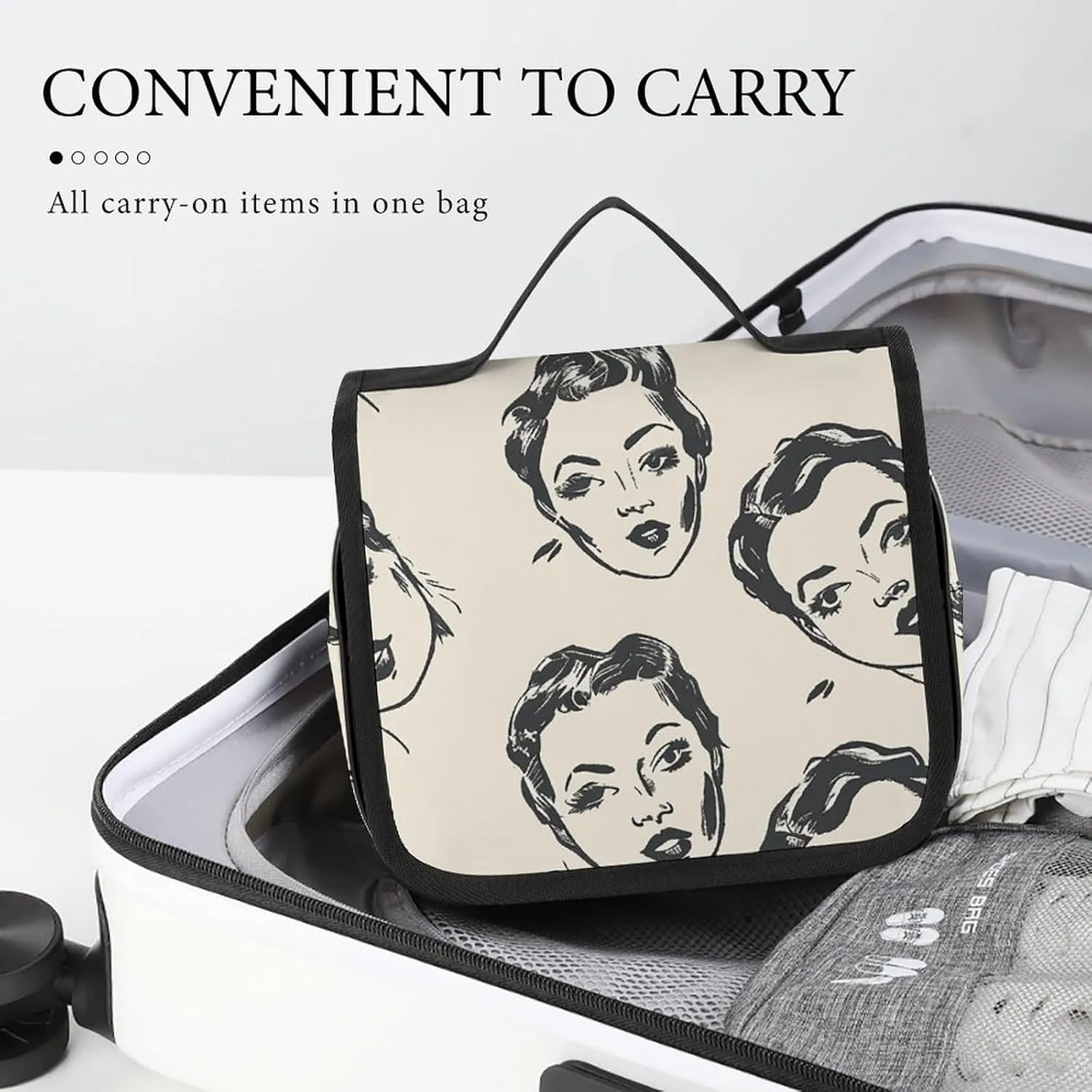 Toiletry Bag for Women Travel Cosmetic Bag Cartoon Female Face Large Makeup Bag Hanging Cosmetic Organizer for Toiletries Accessories 3 In 1 Container