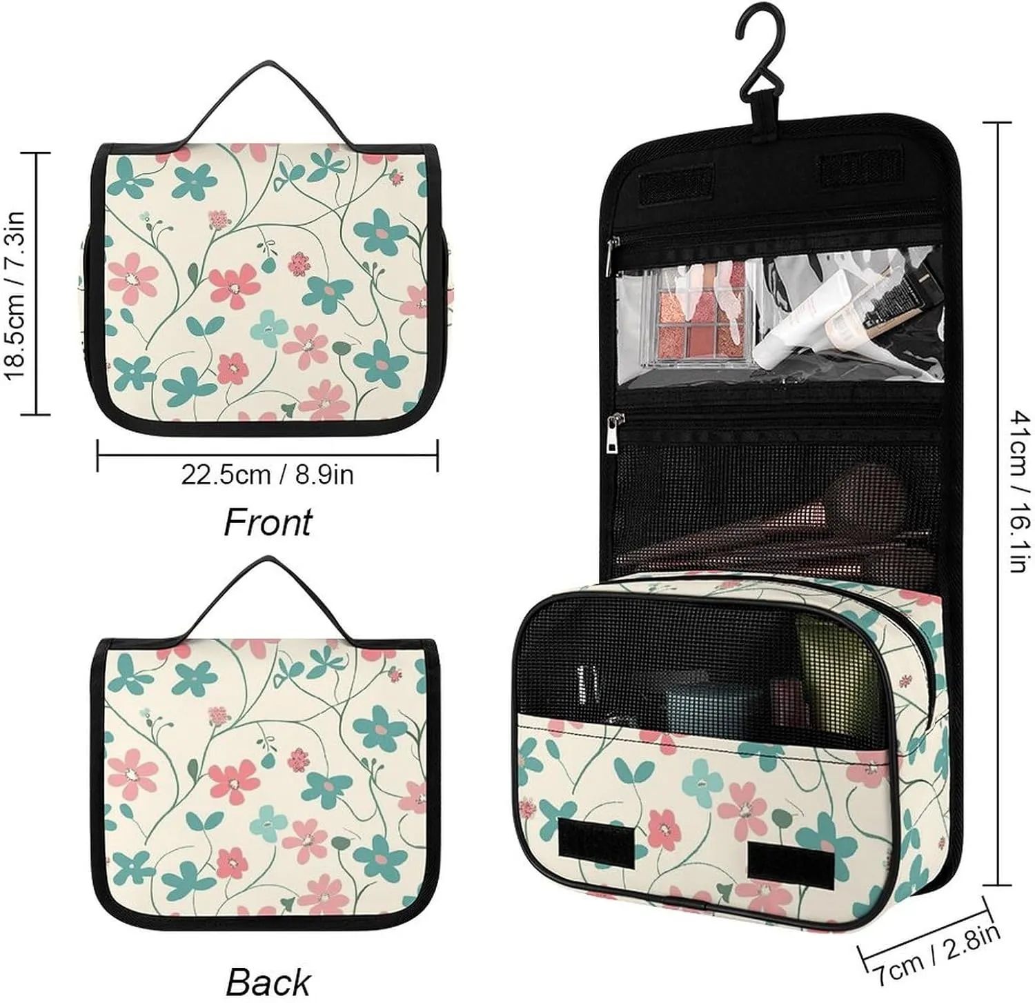 Toiletry Bag for Women Travel Cosmetic Bag Cyan Vine Pattern Large Makeup Bag Hanging Cosmetic Organizer for Toiletries Accessories 3 In 1 Container