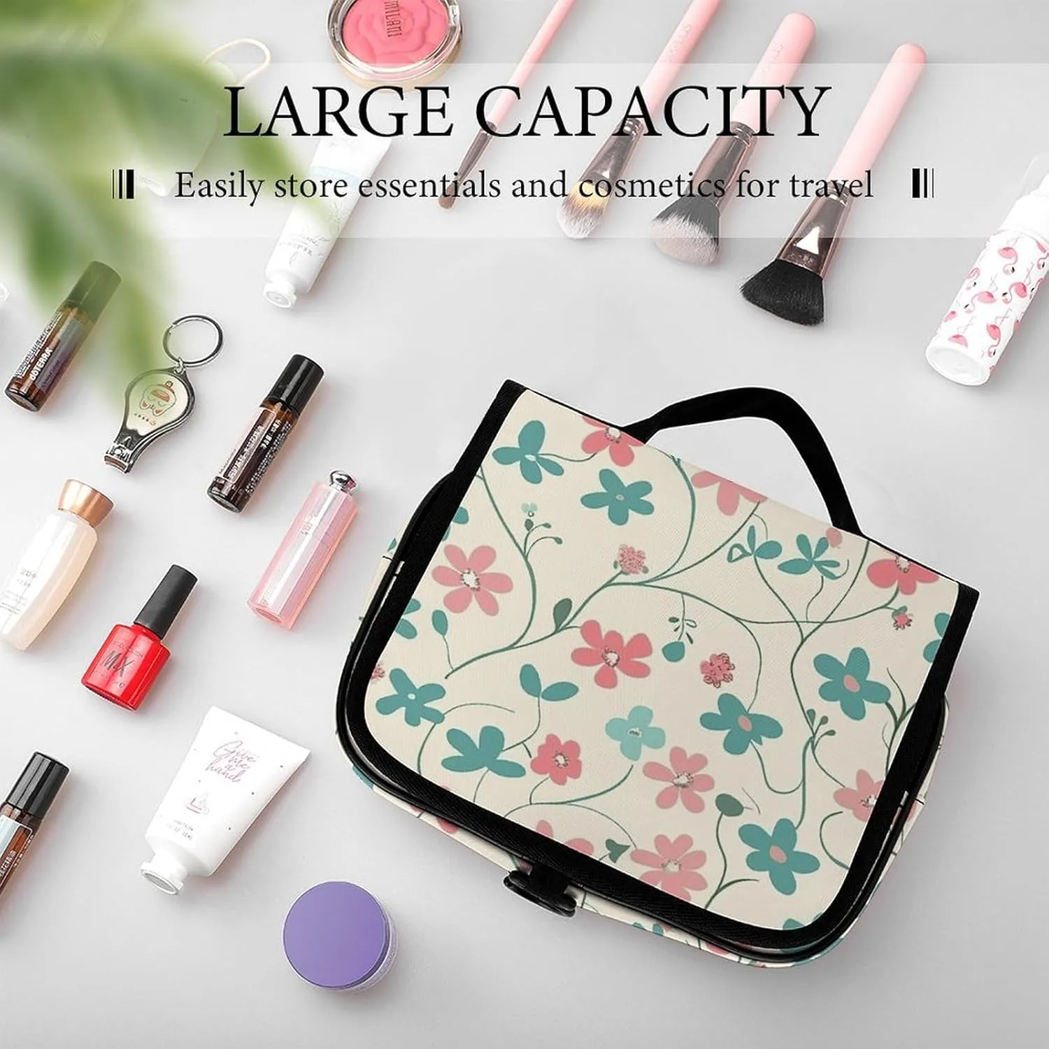 Toiletry Bag for Women Travel Cosmetic Bag Cyan Vine Pattern Large Makeup Bag Hanging Cosmetic Organizer for Toiletries Accessories 3 In 1 Container