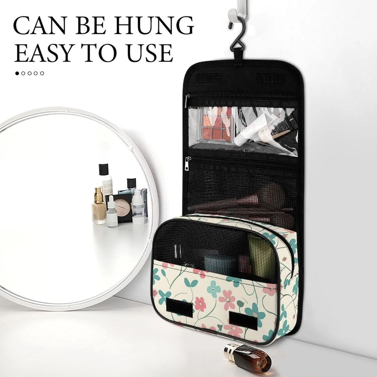 Toiletry Bag for Women Travel Cosmetic Bag Cyan Vine Pattern Large Makeup Bag Hanging Cosmetic Organizer for Toiletries Accessories 3 In 1 Container