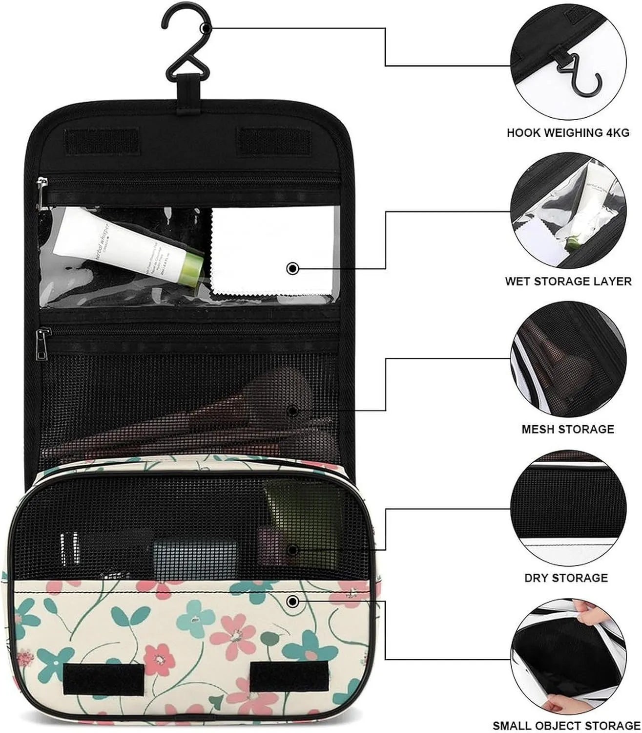 Toiletry Bag for Women Travel Cosmetic Bag Cyan Vine Pattern Large Makeup Bag Hanging Cosmetic Organizer for Toiletries Accessories 3 In 1 Container