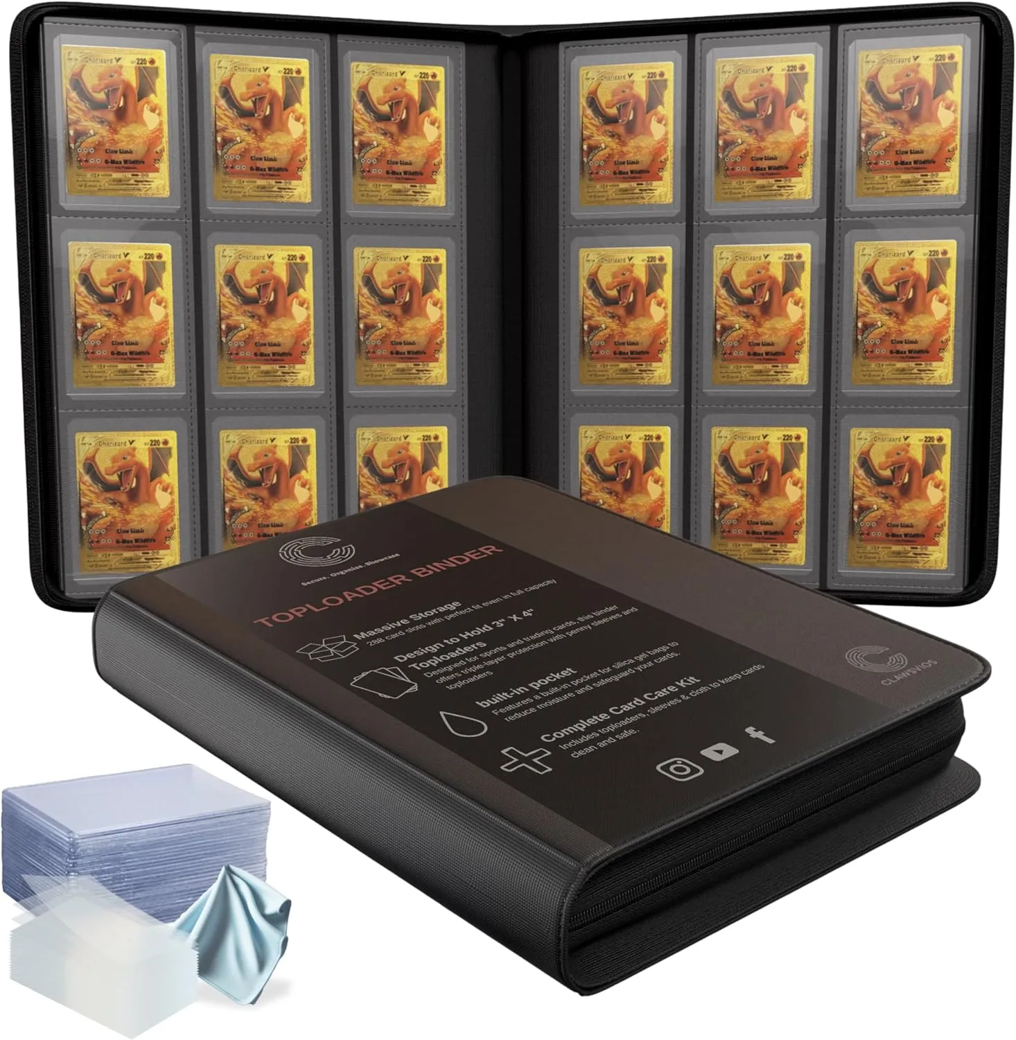 Toploader Binder for Trading Cards & Sports Cards | Top Loader Binder for Cards with Care Kit | 288 Pockets 25 Toploaders & Penny Sleeves | Trading Card Binder - Pokemon, Yugi-Oh & More
