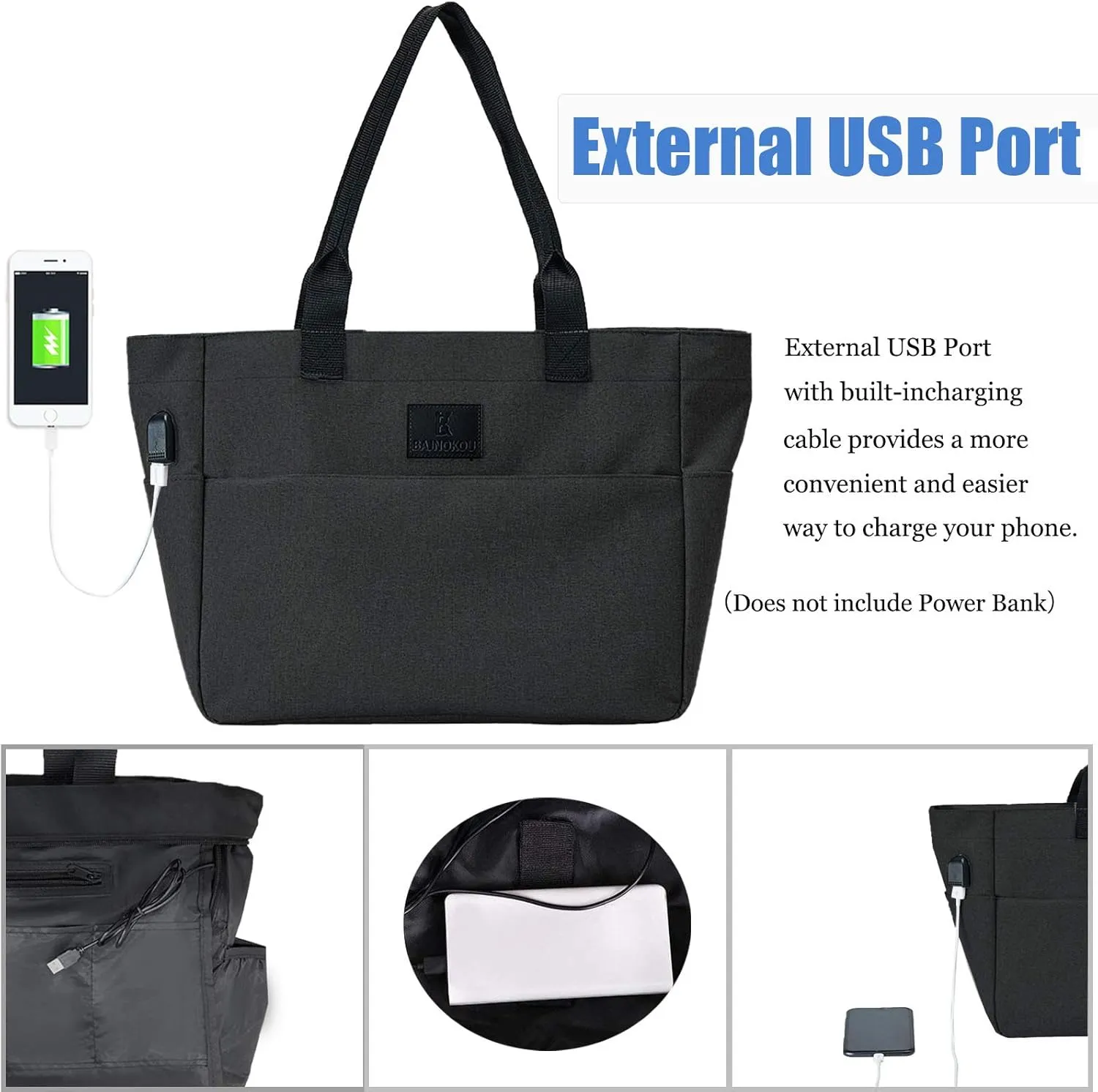 Tote Bag for Women Large Work Bags Laptop 15.6-17 Inch Handbag Purse Book Bag with Zipper for Nurse Teacher School,Black