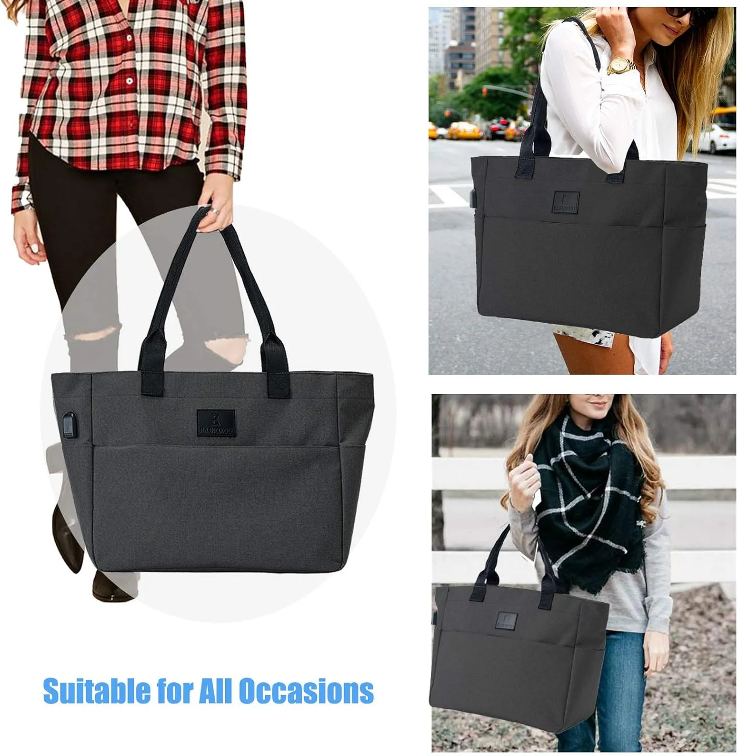 Tote Bag for Women Large Work Bags Laptop 15.6-17 Inch Handbag Purse Book Bag with Zipper for Nurse Teacher School,Black