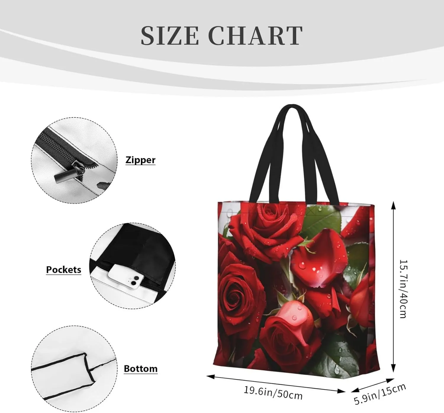 Tote Bag for Women Red Rose Petals Shoulder Bag with Zipper Handbag Large Capacity Reusable Grocery Bag