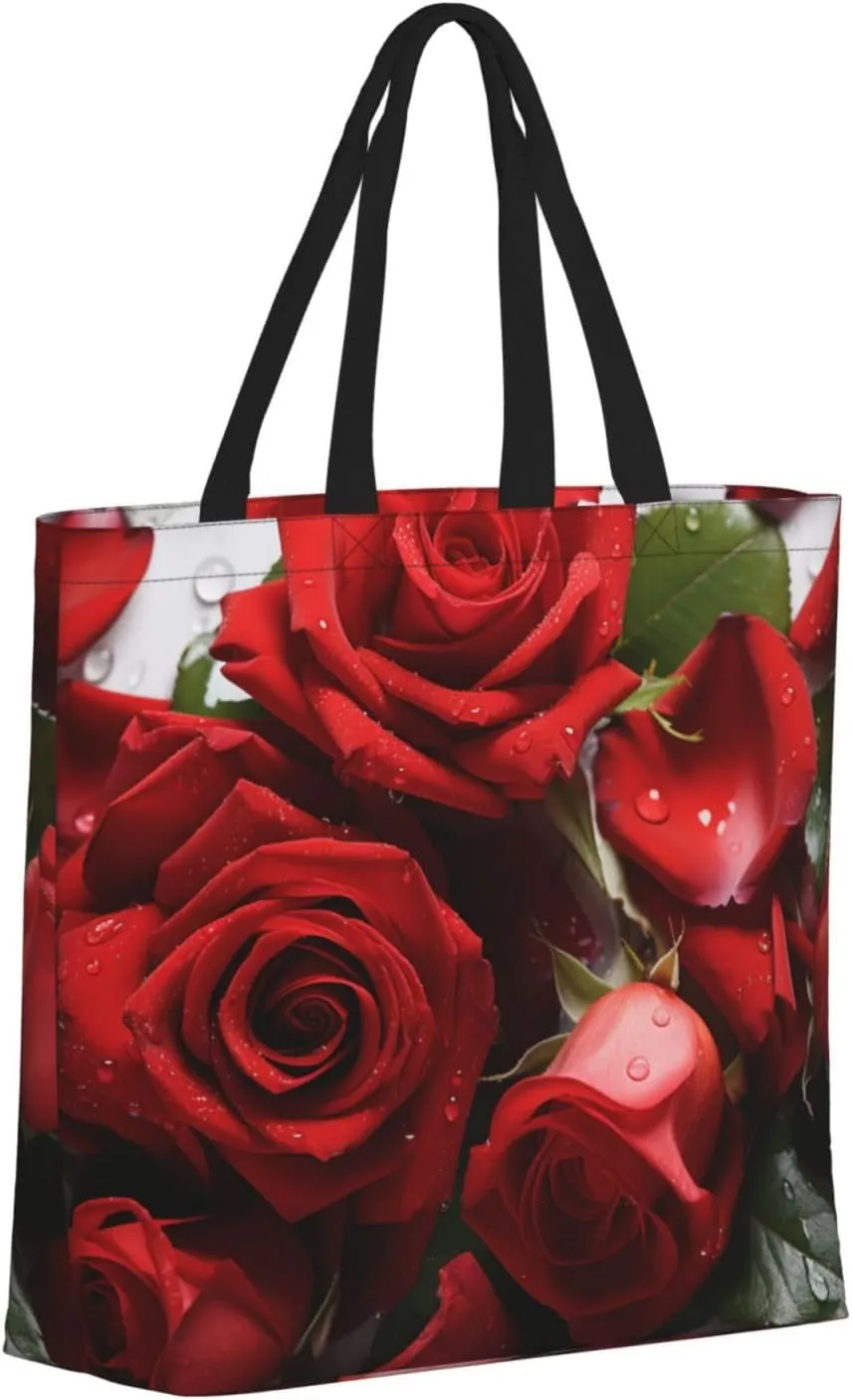 Tote Bag for Women Red Rose Petals Shoulder Bag with Zipper Handbag Large Capacity Reusable Grocery Bag