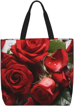 Tote Bag for Women Red Rose Petals Shoulder Bag with Zipper Handbag Large Capacity Reusable Grocery Bag