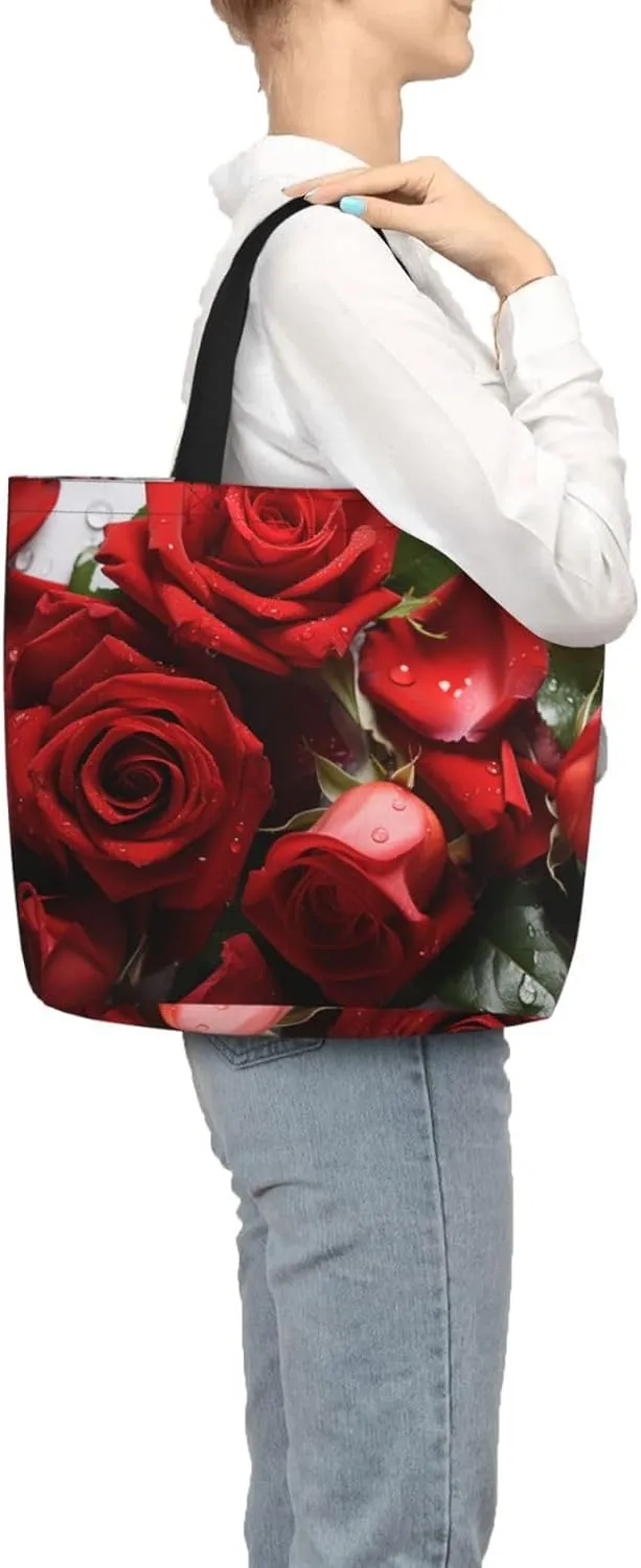 Tote Bag for Women Red Rose Petals Shoulder Bag with Zipper Handbag Large Capacity Reusable Grocery Bag