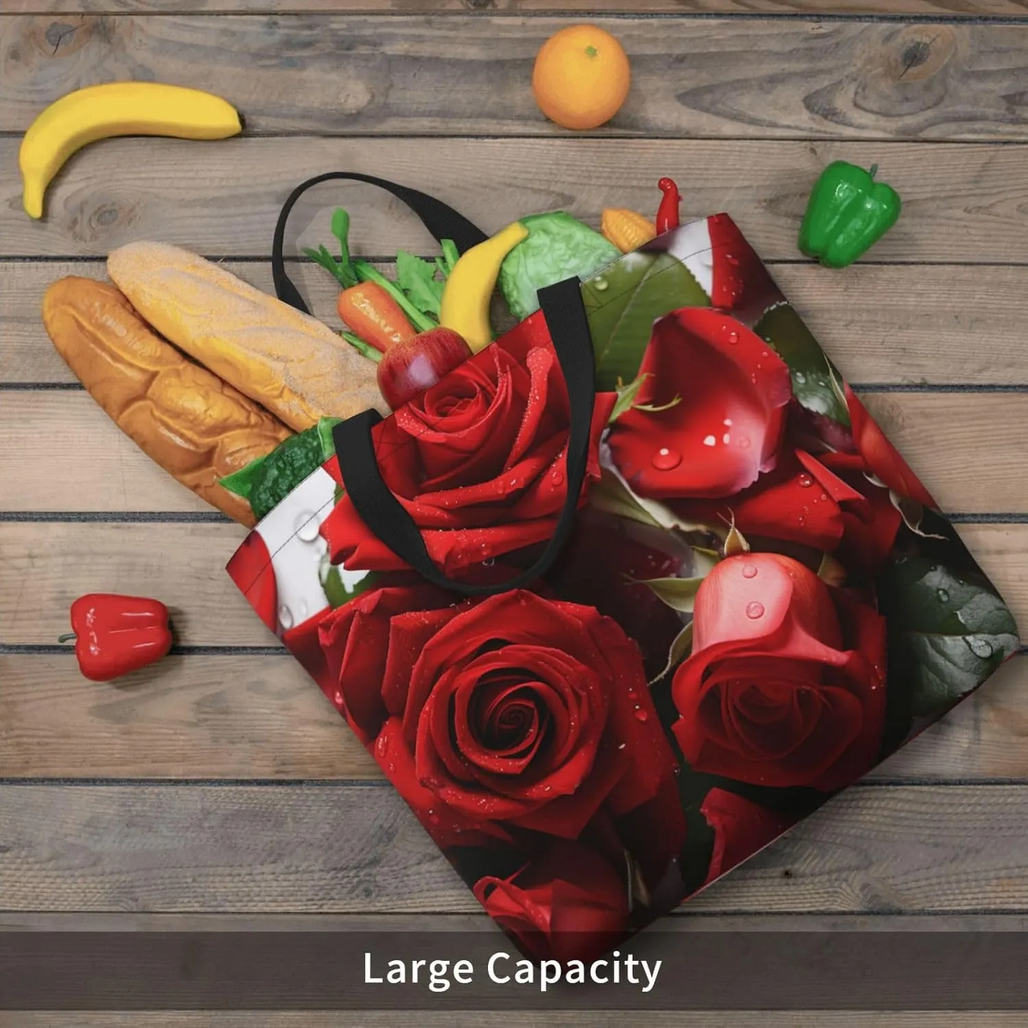 Tote Bag for Women Red Rose Petals Shoulder Bag with Zipper Handbag Large Capacity Reusable Grocery Bag