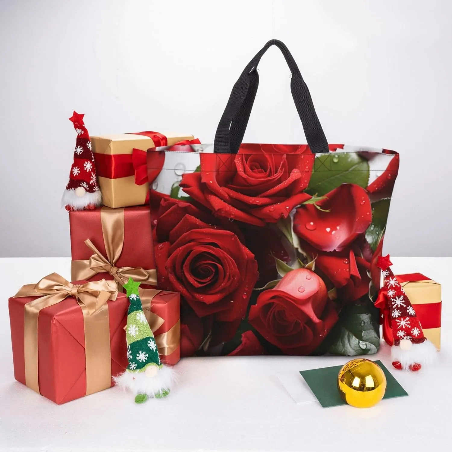 Tote Bag for Women Red Rose Petals Shoulder Bag with Zipper Handbag Large Capacity Reusable Grocery Bag