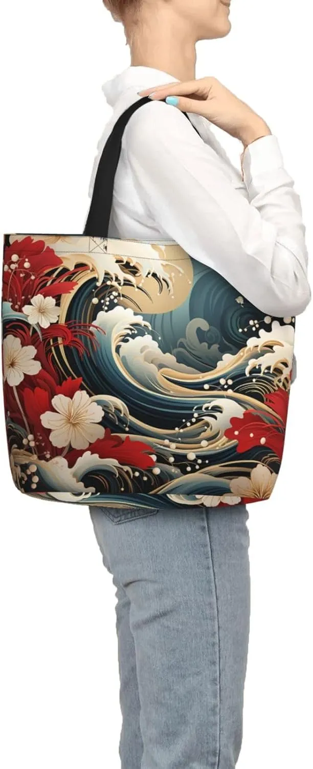 Tote Bag Large Capacity Grocery Bag With Zipper Wolf in Winter Shopping Bag Shoulder Bag for Women