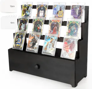 Trading Card Display,Wood Sports Card Display Case with Custom Drawer,Card Supporters and Dividers,3-Tier Graded Card Display for Card Game Collection