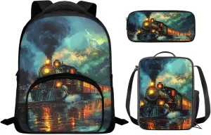 Train Backpack for Toddler Boys Preschol Cute Bookbags Aesthetic for 1st Grader with Thermal Lunch Box & Pencil Case 3 in 1 School Bag Sets for Kindergarten Spring Trips
